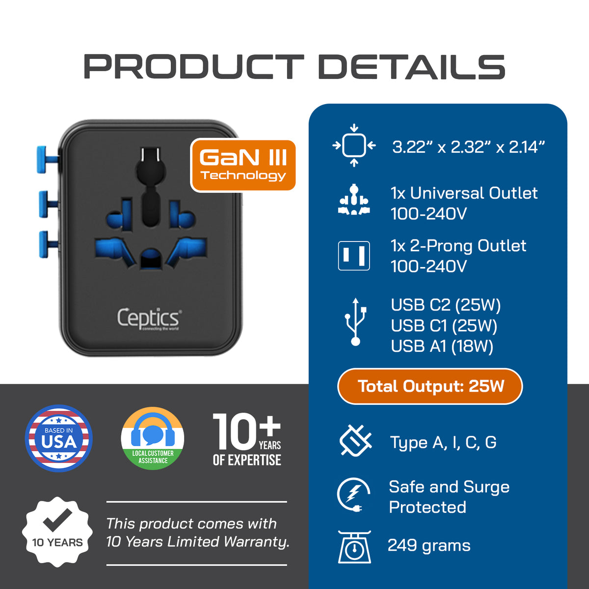 Universal travel adapter – 2 USB-C (25W) & 1 USB-A (QC 3.0) – 5 in 1 travel adapter – CE & RoHS certified