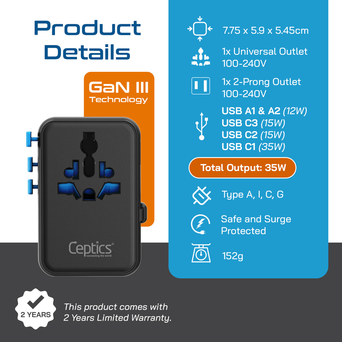 Universal travel adapter – 2 USB-A, 2 USB-C & 35W PD retractable USB-C cable – 7 in 1 travel adapter – CE & RoHS certified