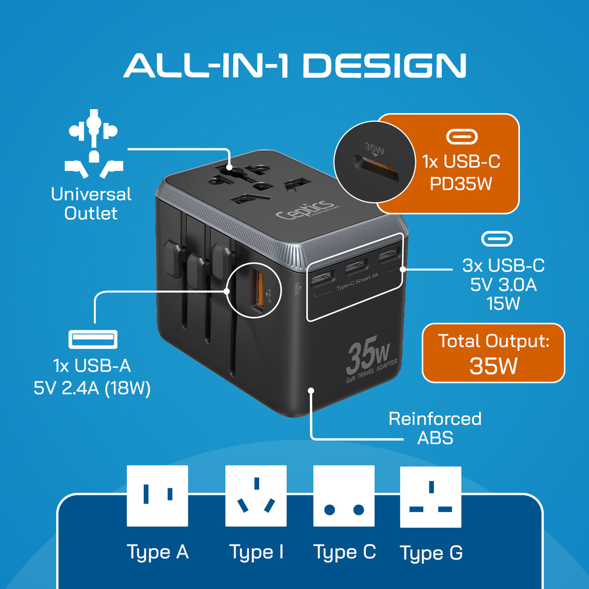 Universal travel adapter – 1 USB-A & 4 USB-C (35W) – 6 in 1 travel adapter – CE & RoHS certified