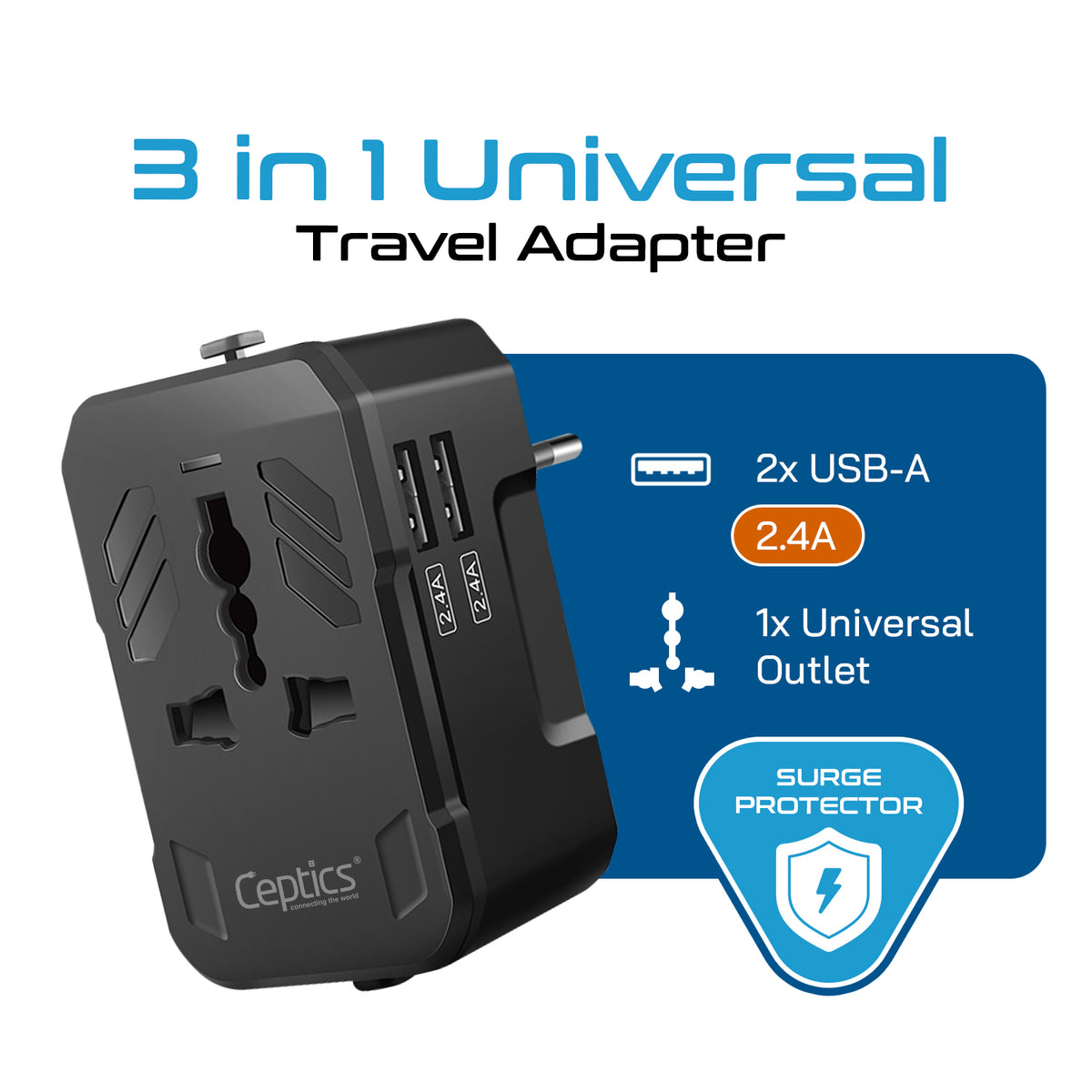 Universal travel adapter with 2 USB-A – 3 in 1 travel adapter – CE & FCC certified