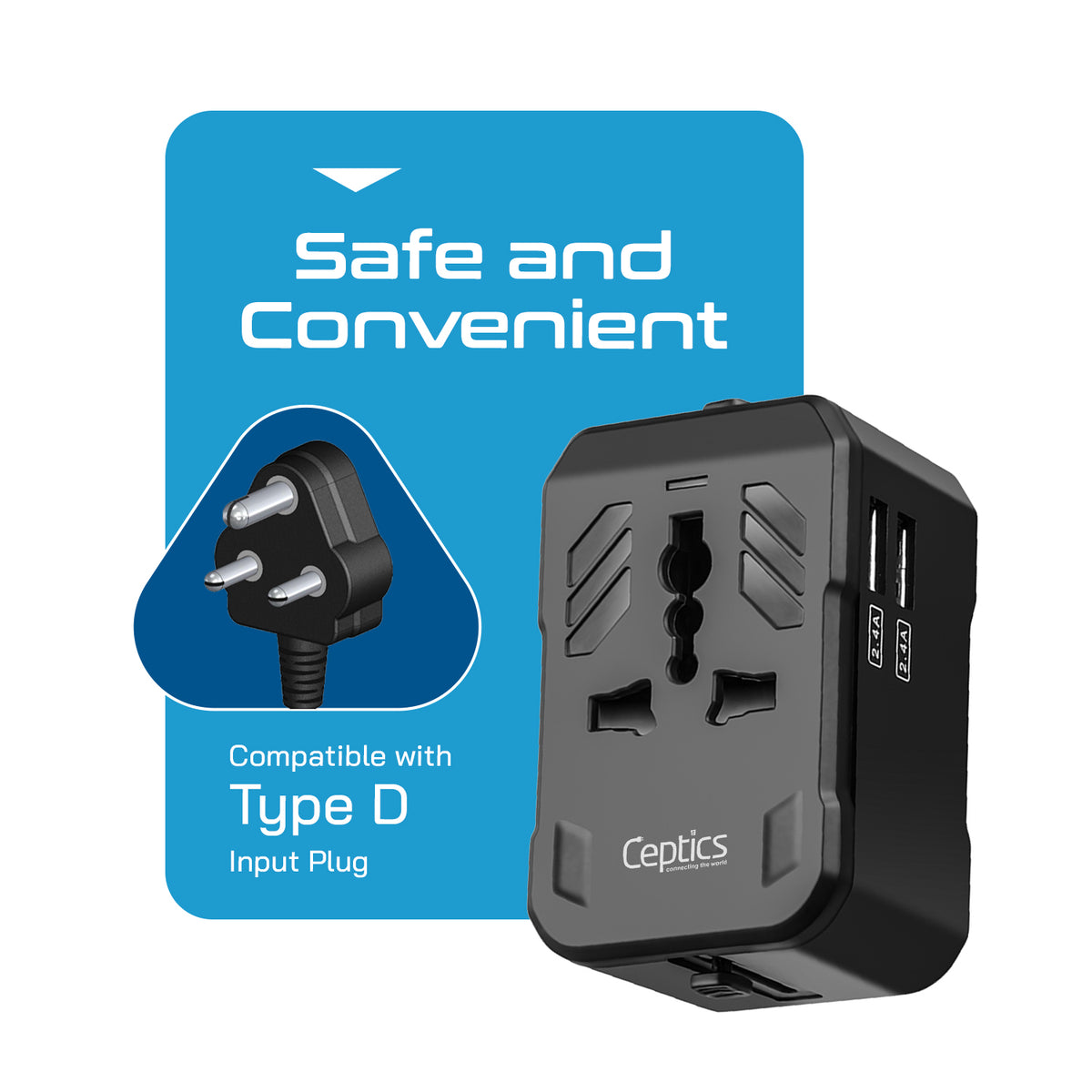 Universal travel adapter with 2 USB-A – 3 in 1 travel adapter – CE & FCC certified