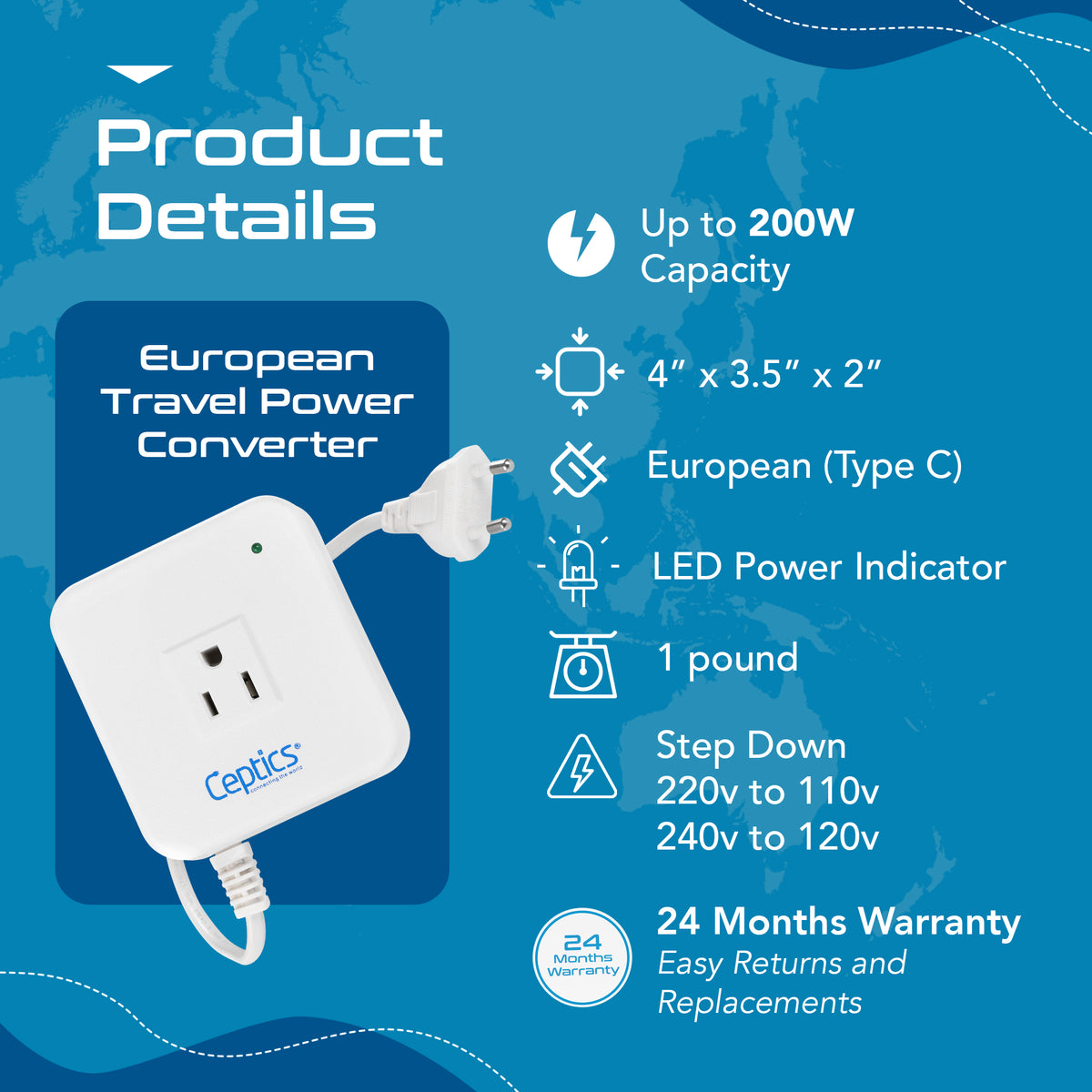 200W Step down converter – 220v to 110v voltage converter – Compact & Noise-free – CE certified - PC-200D
