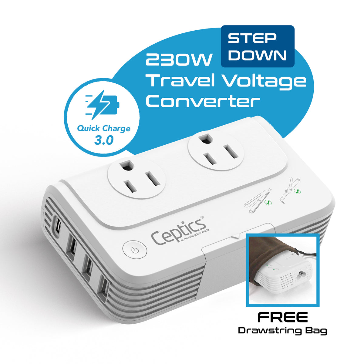 230W Travel Voltage Converter - 2 Outlets + 1 USB C + 3 USB A QC 3.0 - 220V to 110V (PU-200X-WS)