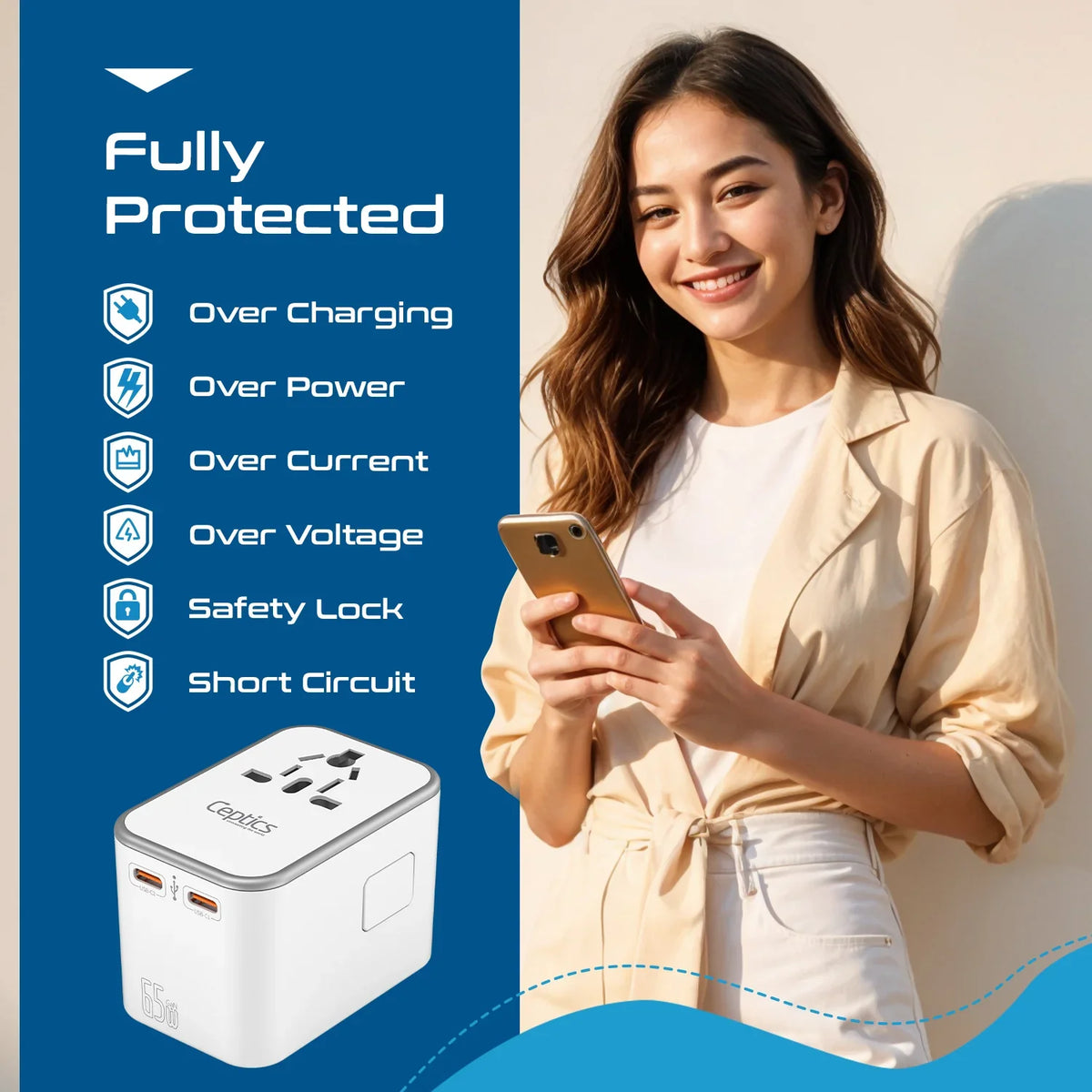 Universal travel adapter – 1 USB-A & 2 USB-C 65W GaN – 4 in 1 travel adapter – CE & RoHS certified - White - UP-12KU-W image 9
