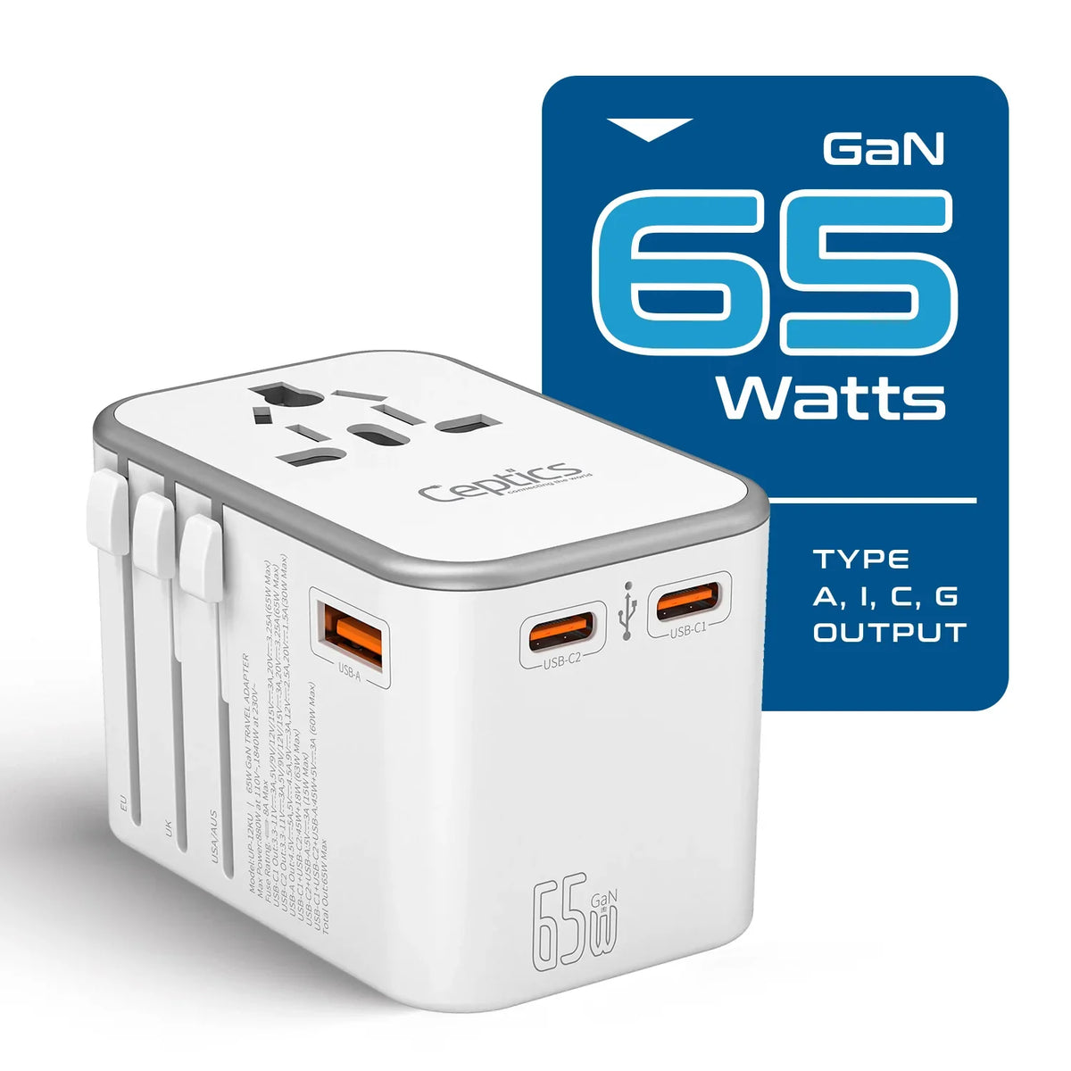 Universal travel adapter – 1 USB-A & 2 USB-C 65W GaN – 4 in 1 travel adapter – CE & RoHS certified - White - UP-12KU-W image 2