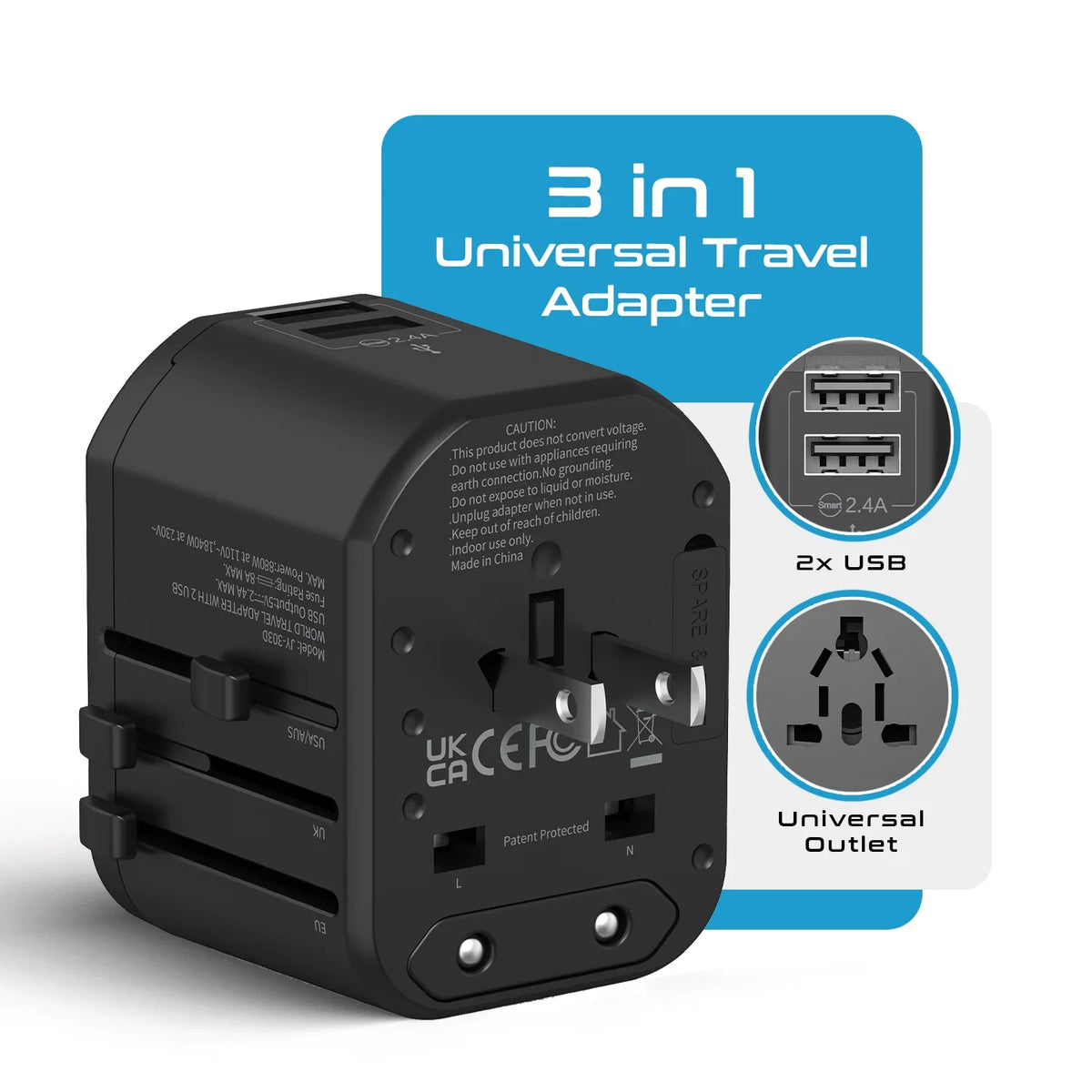 Universal travel adapter with 2 USB-A – 3 in 1 travel adapter – CE & RoHS certified - UP-8KU image 1