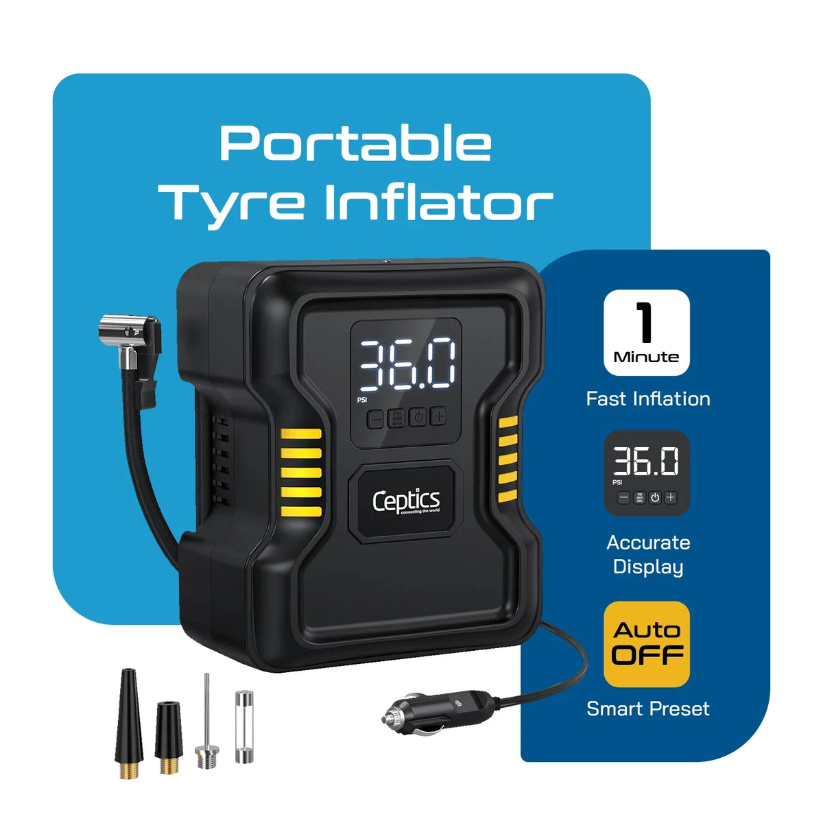 Tyre inflator for car, bike and balls – 150 PSI – 12V socket for fast inflation - TI-S160 image 1