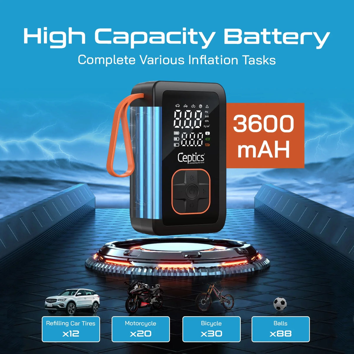 Tyre inflator for car, bike and balls – 150 PSI – 12V car socket plug & 3600 mAH Battery - TI-H100 image 2