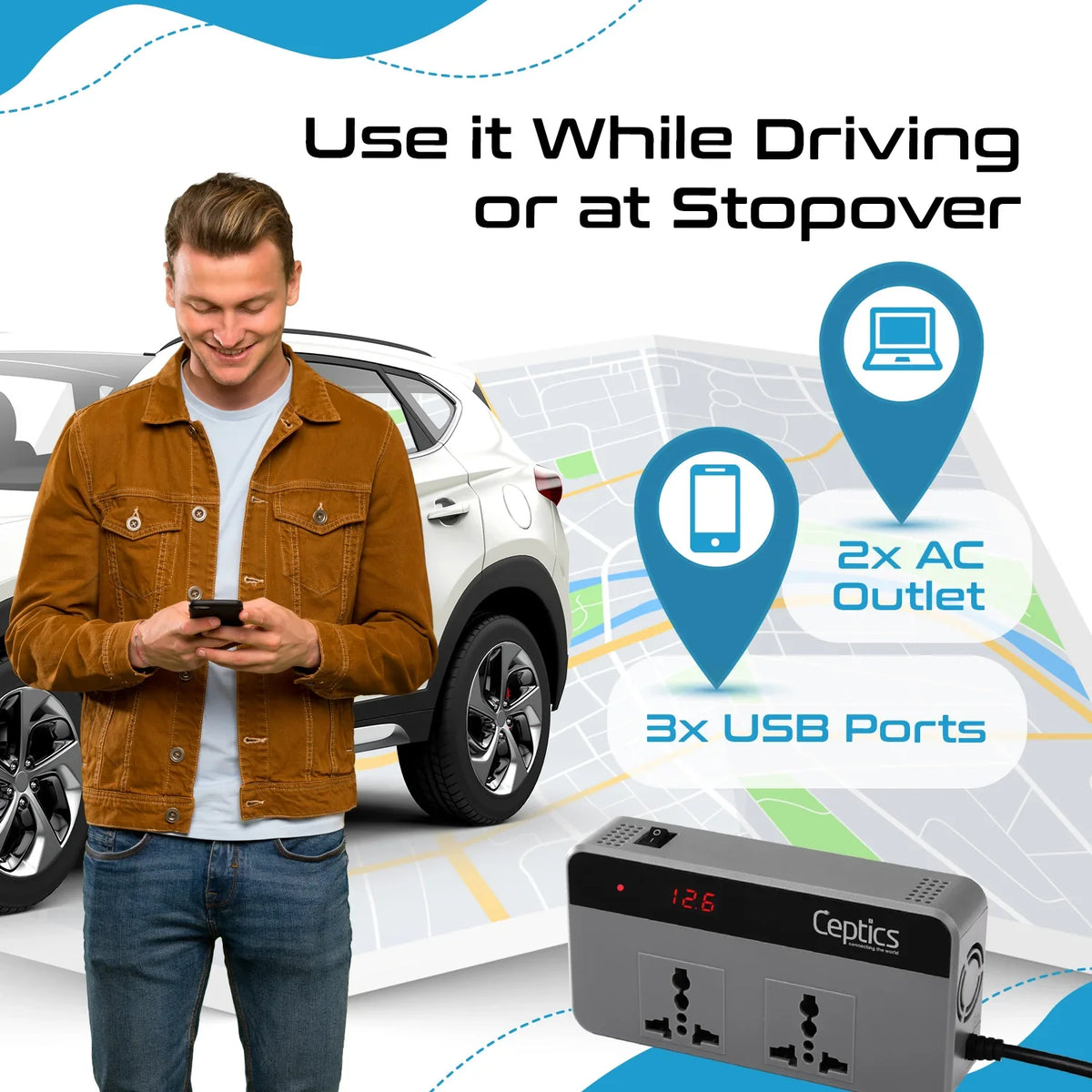 200W car inverter – 2 AC outlets & 2 USB-A & 2 USB-C – Cigarette lighter plug – CE & FCC certified - PI-200C3U image 4