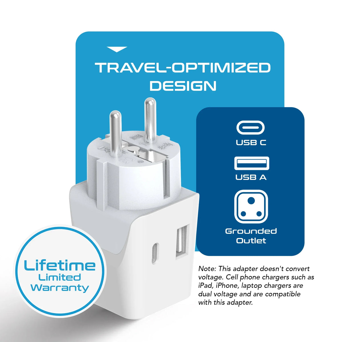 India to Europe travel adapter – Type E/F – 1 USB-A & 1 USB-C – 3 in 1 Plug – CE & RoHS certified - CTUD-9 image 3
