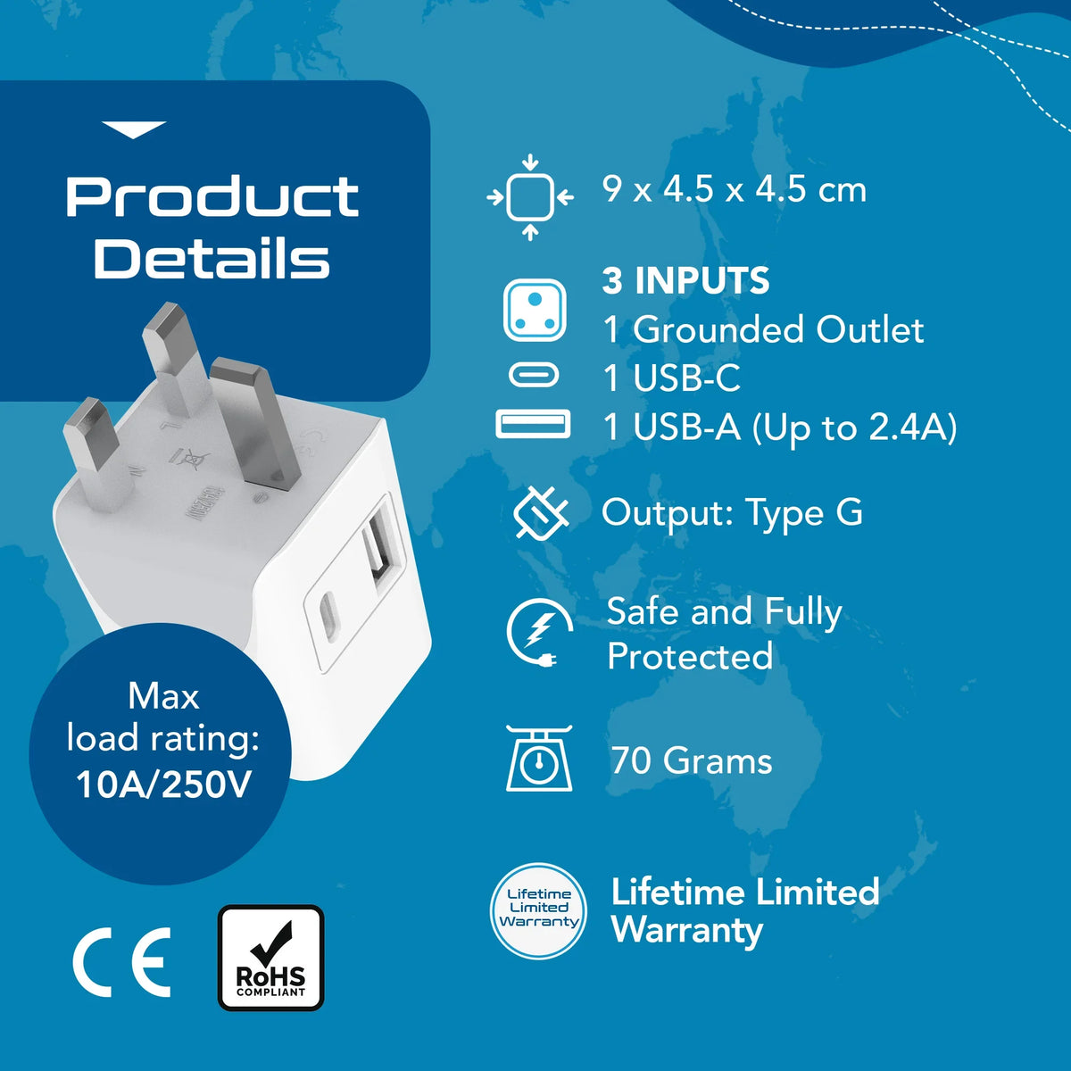 India to UK, UAE travel adapter – Type G – 1 USB-A & 1 USB-C – 3 in 1 Plug – CE & RoHS certified - CTUD-7 image 5