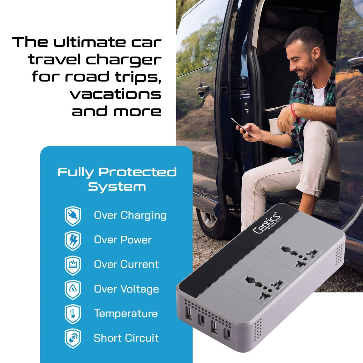 200W car inverter – 2 AC outlets & 2 USB-A & 2 USB-C – Cigarette lighter plug – CE & FCC certified - PI-200W4U image 6