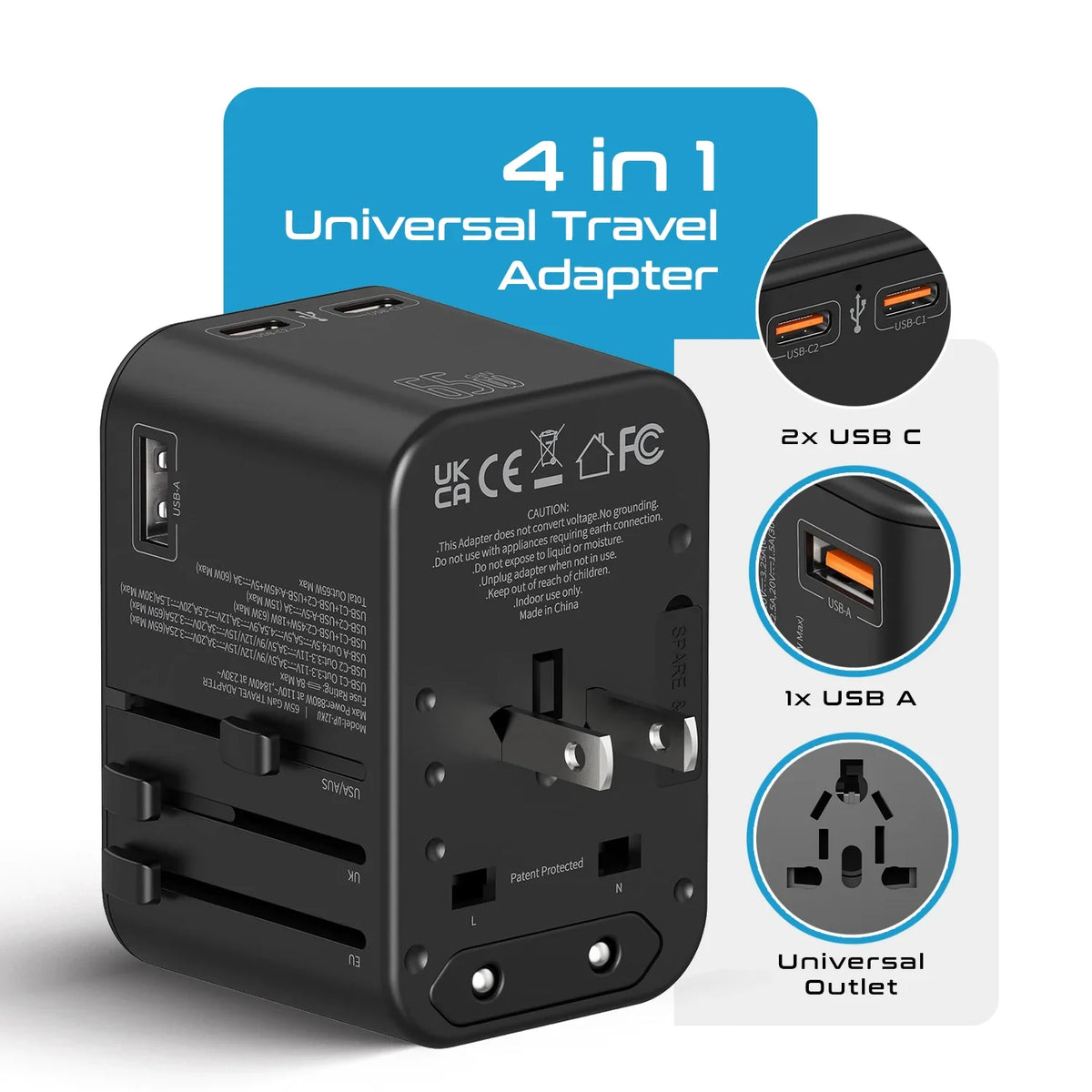Universal travel adapter – 1 USB-A & 2 USB-C 65W GaN – 4 in 1 travel adapter – CE & RoHS certified - UP-12KU image 1