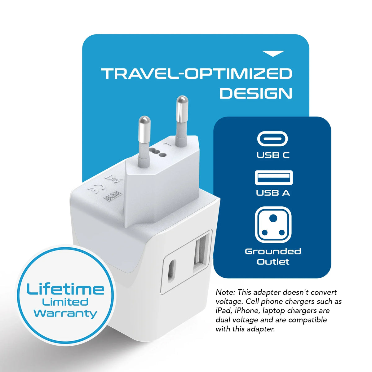 India to Europe travel adapter – Type C – 1 USB-A & 1 USB-C – 3 in 1 Plug – CE & RoHS certified - CTUD-9C image 3