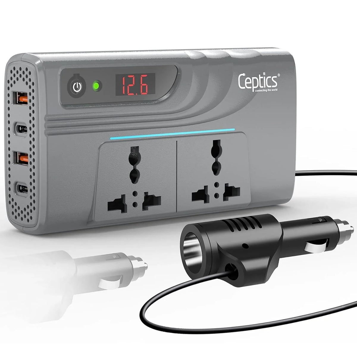 200W car inverter – 2 AC outlets & 2 USB-A & 2 USB-C – Upgraded cigarette lighter plug – CE & FCC certified - PI-200M12 image 0