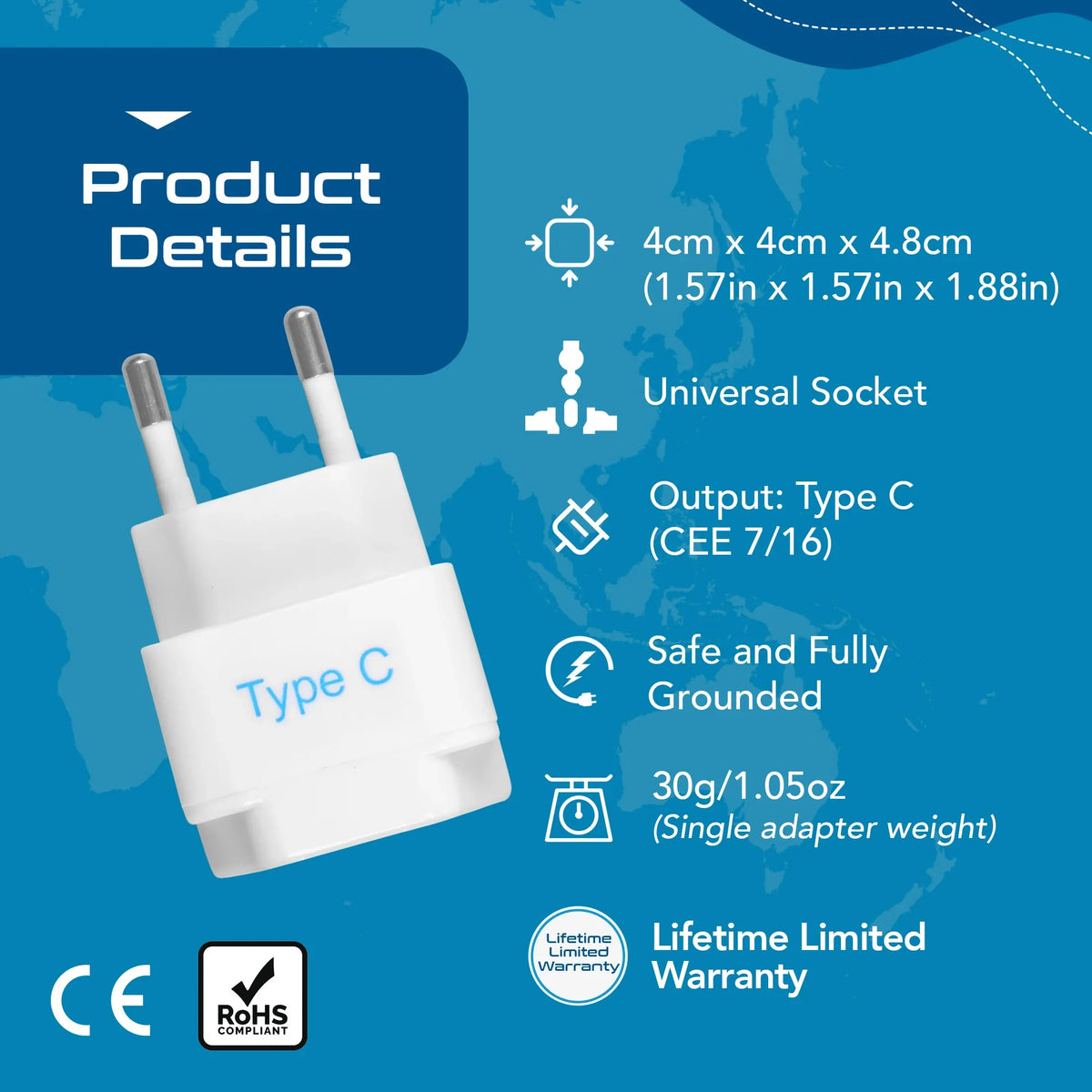 India to Europe travel adapter plug – Type C – CE & RoHS certified - GP-9C image 3