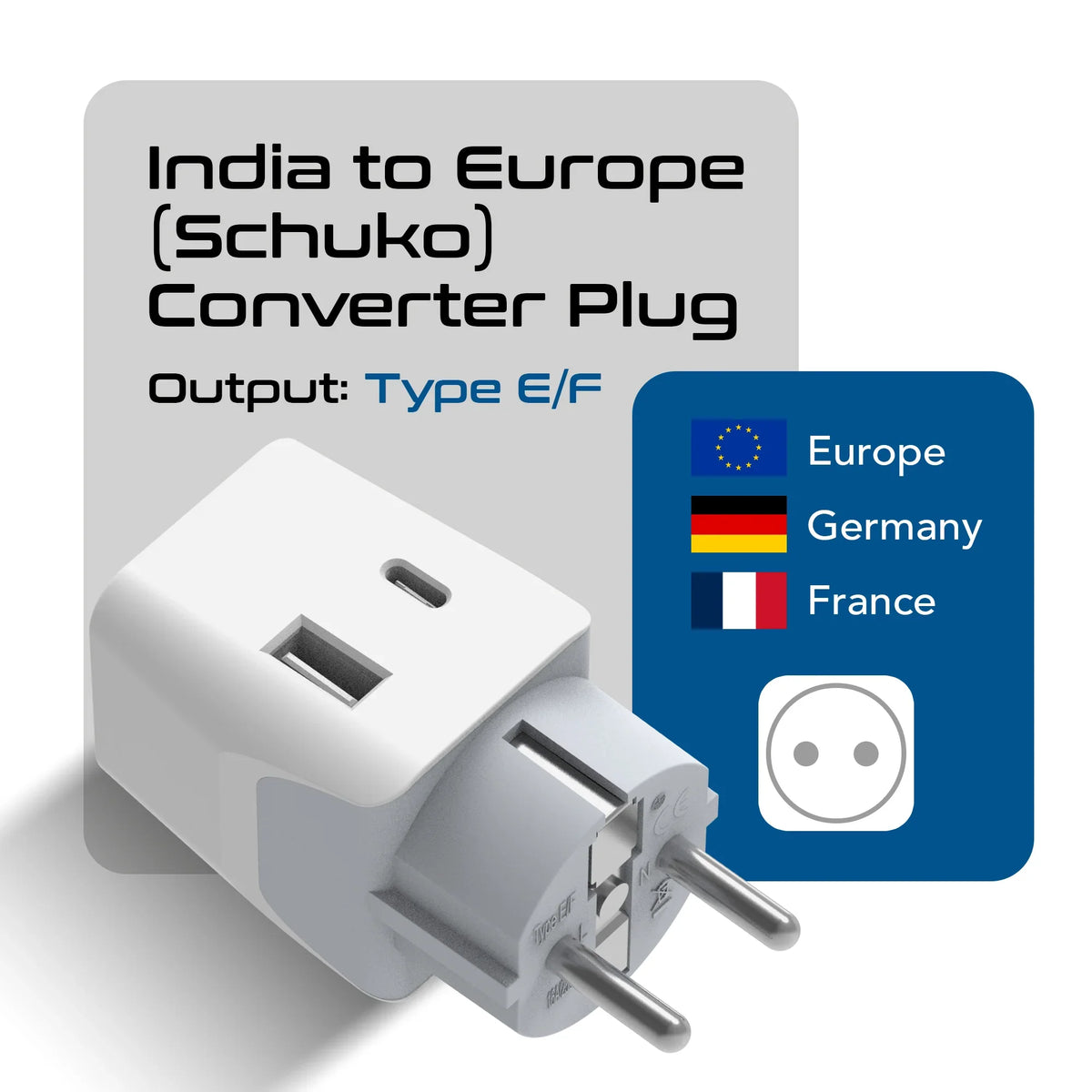 India to Europe travel adapter – Type E/F – 1 USB-A & 1 USB-C – 3 in 1 Plug – CE & RoHS certified - CTUD-9 image 1