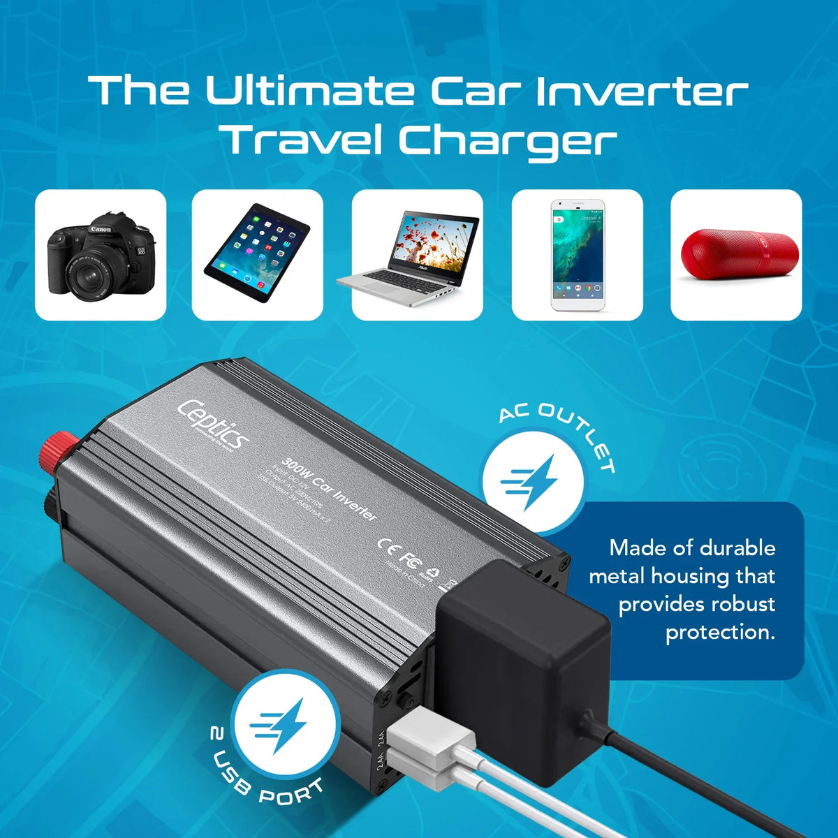 300W car inverter – 1 AC outlet & 2 USB-A – Cigarette lighter plug & Battery terminals – CE & FCC certified - PI-300W2U image 7