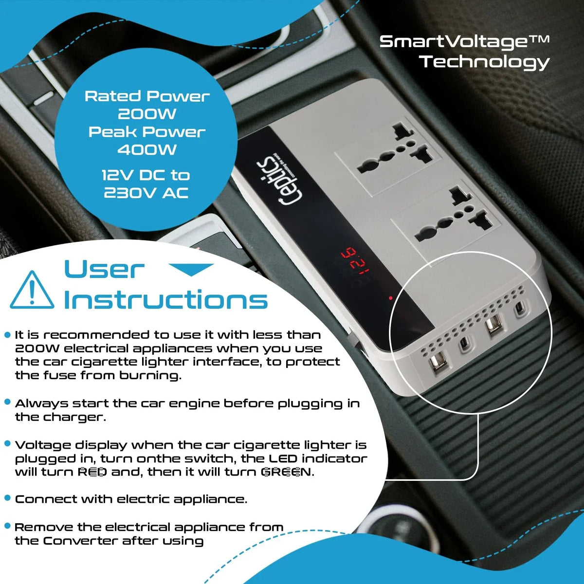 200W car inverter – 2 AC outlets & 2 USB-A & 2 USB-C – Cigarette lighter plug – CE & FCC certified - PI-200C3U image 3