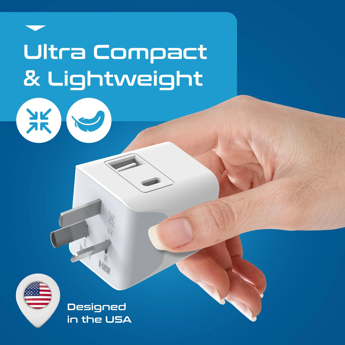 India to Australia, China travel adapter – Type I – 1 USB-A & 1 USB-C – 3 in 1 Plug – CE & RoHS certified - CTUD-16 image 4