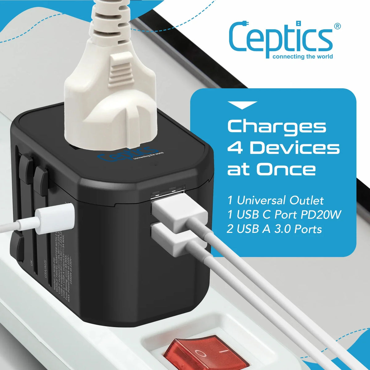 Universal travel adapter – 2 USB-A & 1 USB-C 20W – 4 in 1 travel adapter – CE & RoHS certified - UP-8CU image 2