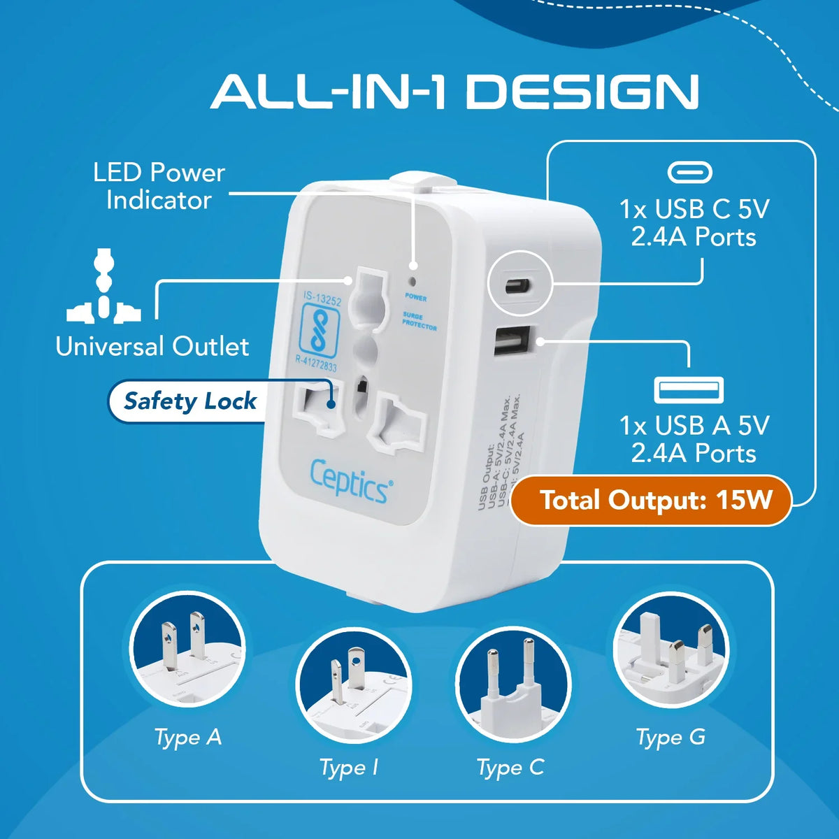 Universal travel adapter with 1 USB-A & 1 USB-C – 3 in 1 travel adapter – CE & FCC certified - UP-10KU image 5