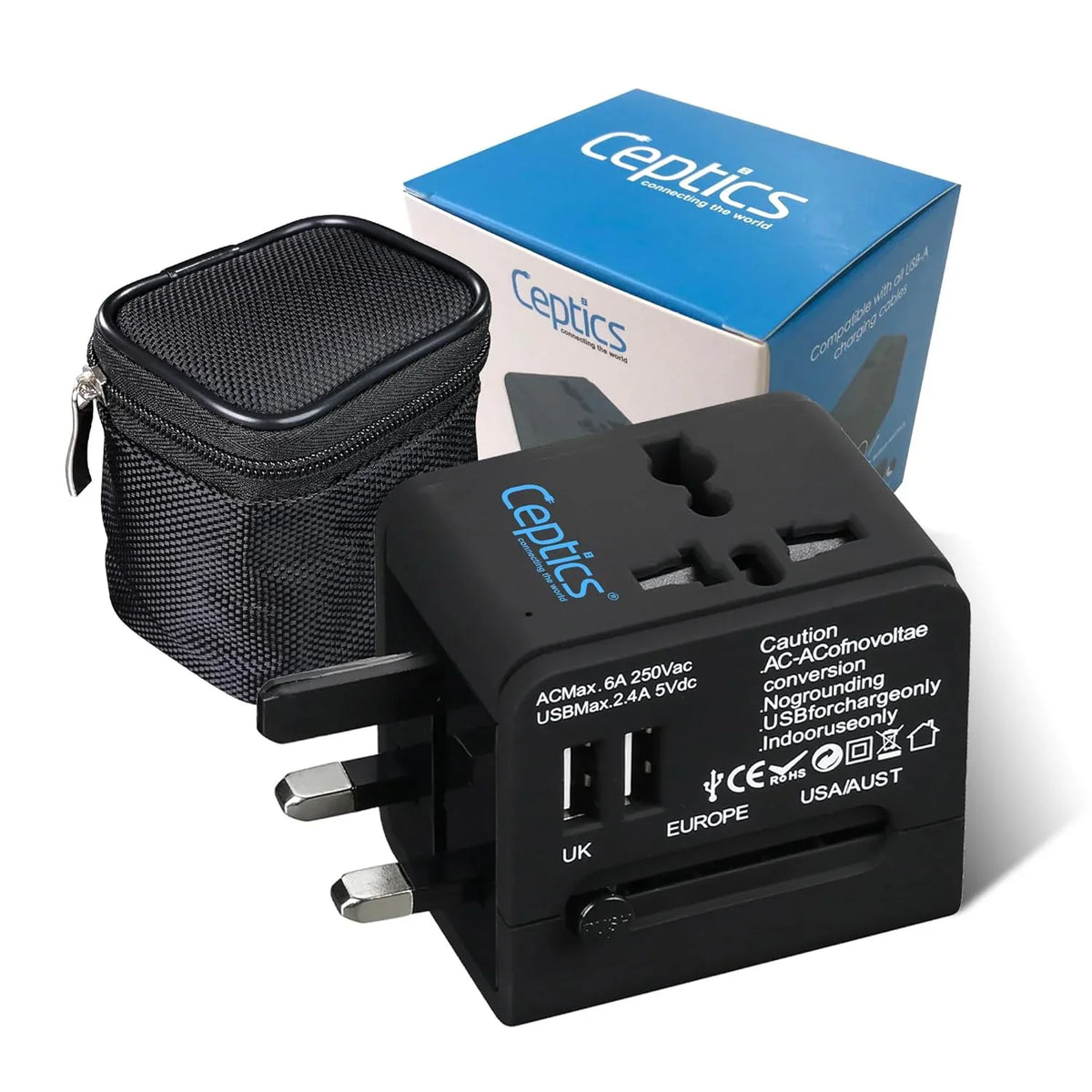 Universal travel adapter with 2 USB-A – 3 in 1 travel adapter – CE & RoHS certified - Black - UP-6KU image 0