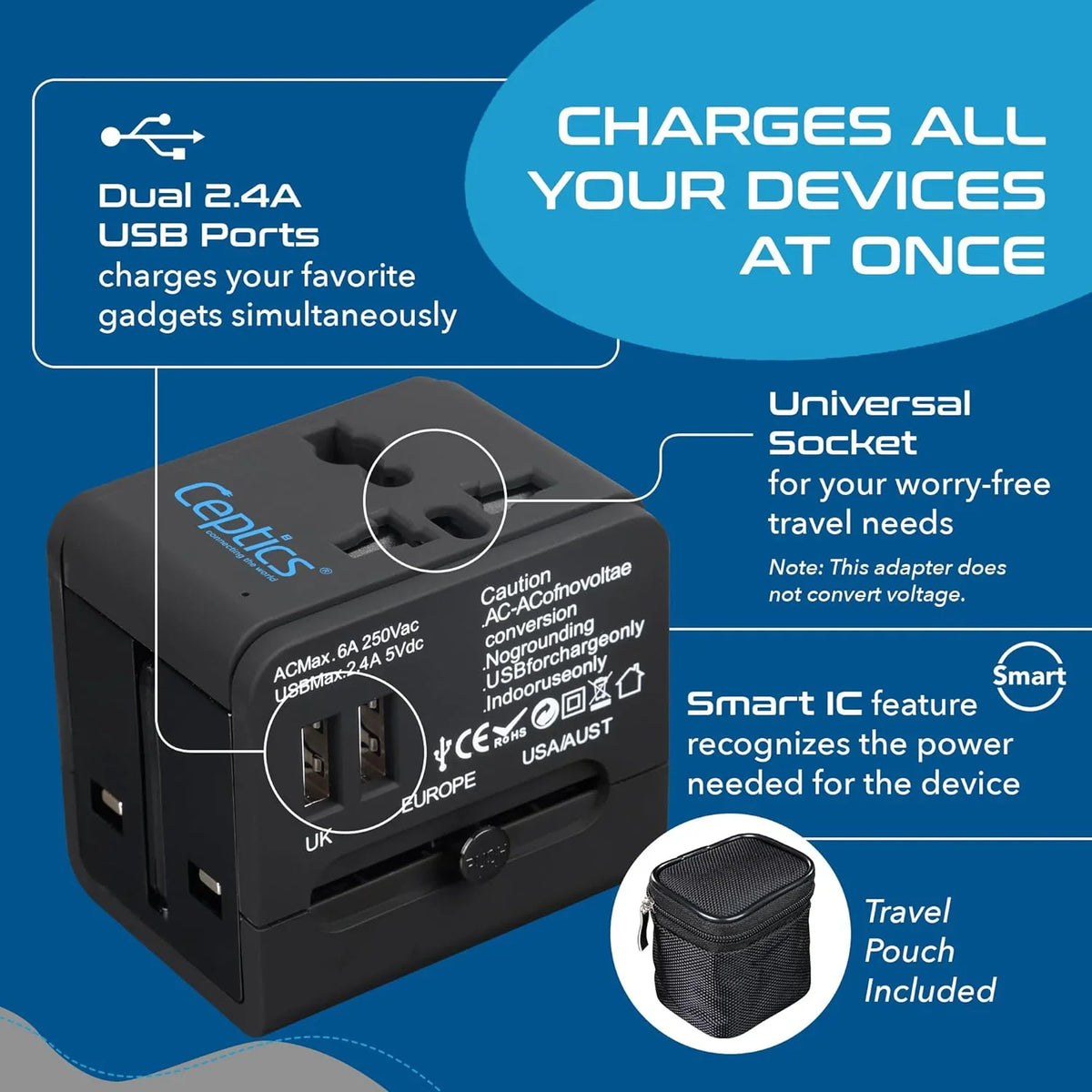 Universal travel adapter with 2 USB-A – 3 in 1 travel adapter – CE & RoHS certified - Black - UP-6KU image 3
