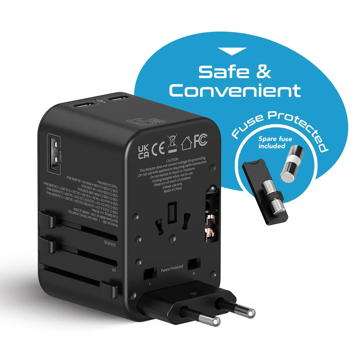 Universal travel adapter – 1 USB-A & 2 USB-C 65W GaN – 4 in 1 travel adapter – CE & RoHS certified - UP-12KU image 3