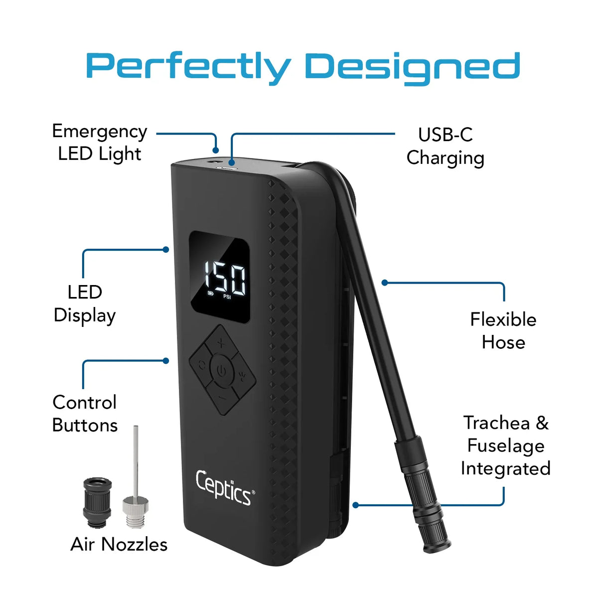 Tyre inflator for car, bike and balls – 150 PSI – Portable & Battery operated - TI-A13 image 4