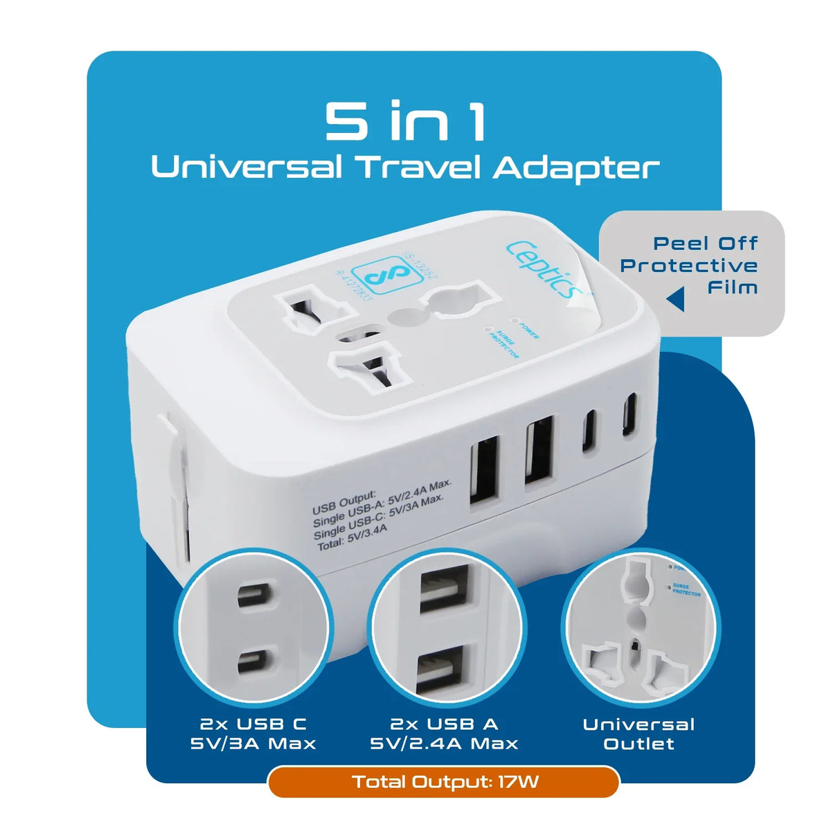 Universal travel adapter with 2 USB-A & 2 USB-C – 5 in 1 travel adapter – CE & FCC certified - UP-13KU image 2