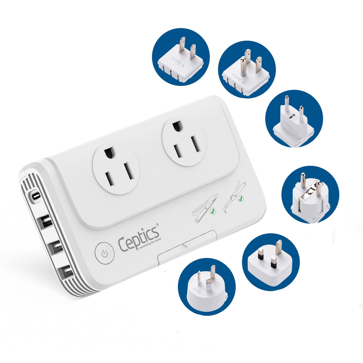 230W Travel Voltage Converter - 2 Outlets + 1 USB C + 3 USB A QC 3.0 - 220V to 110V (PU-200X-WS) image 0