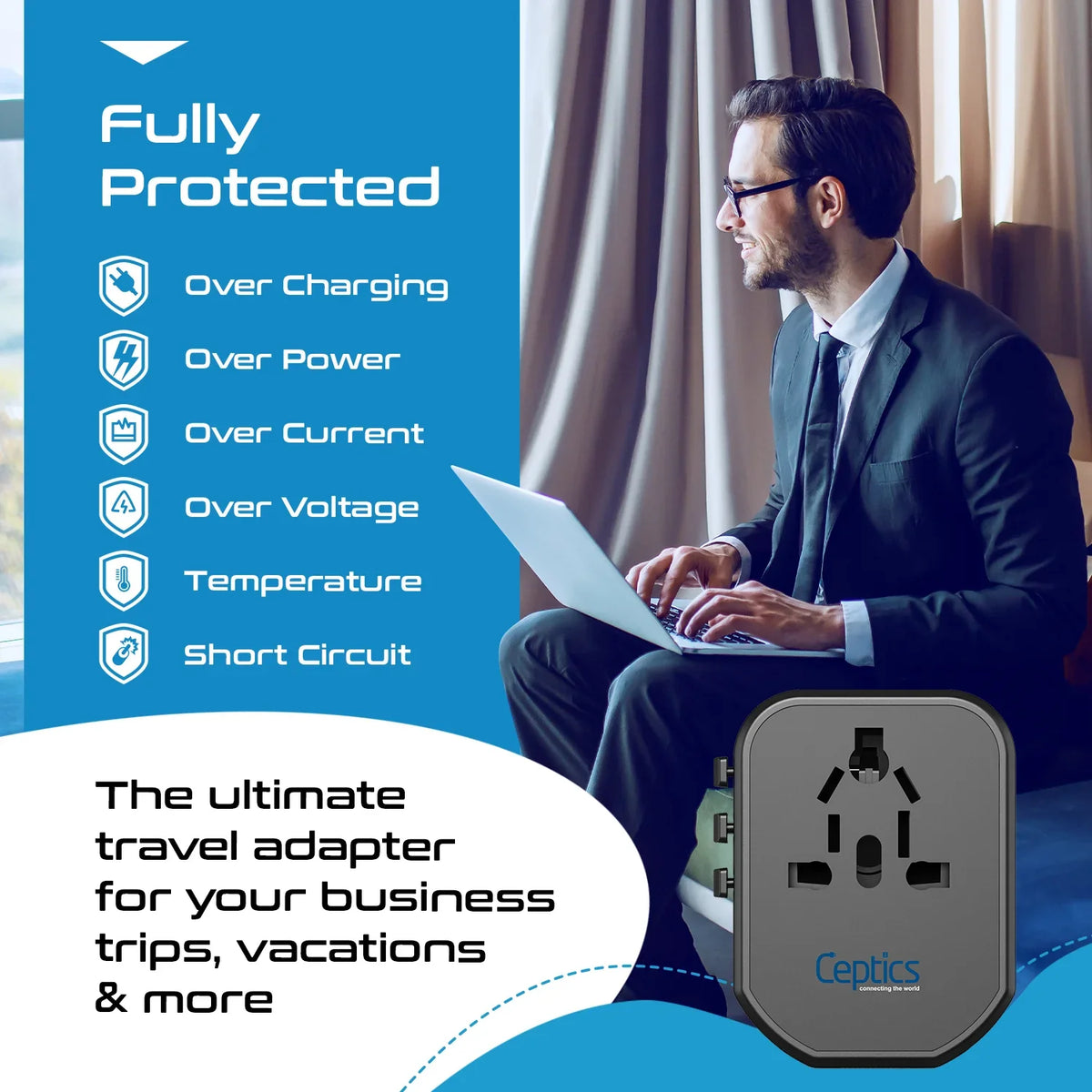 Universal travel adapter with 2 USB-A – 3 in 1 travel adapter – CE & RoHS certified - UP-8KU image 8