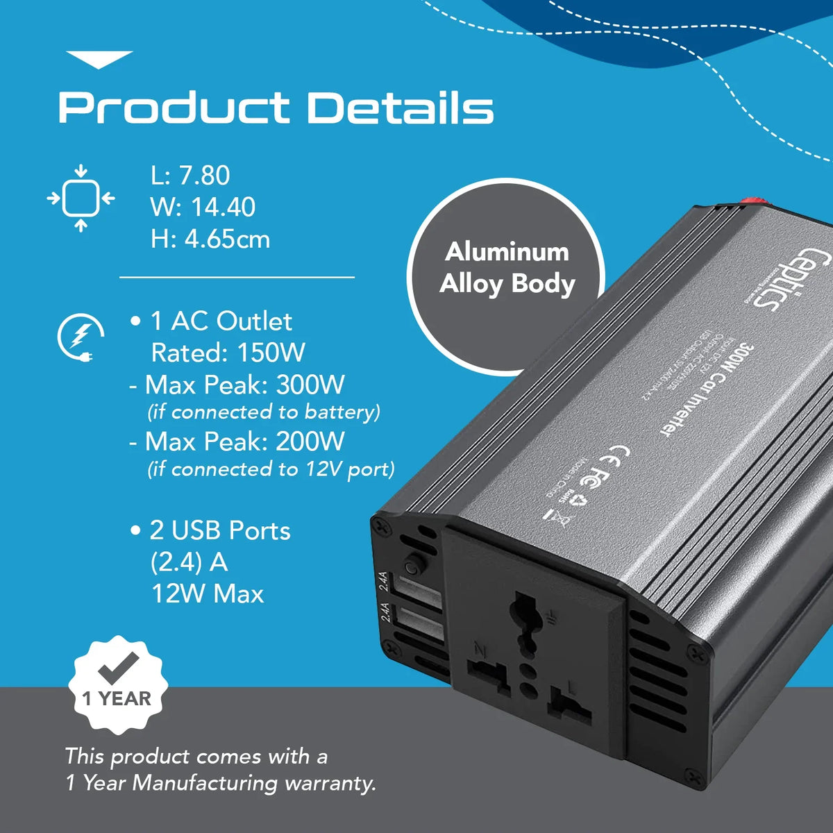 300W car inverter – 1 AC outlet & 2 USB-A – Cigarette lighter plug & Battery terminals – CE & FCC certified - PI-300W2U image 3