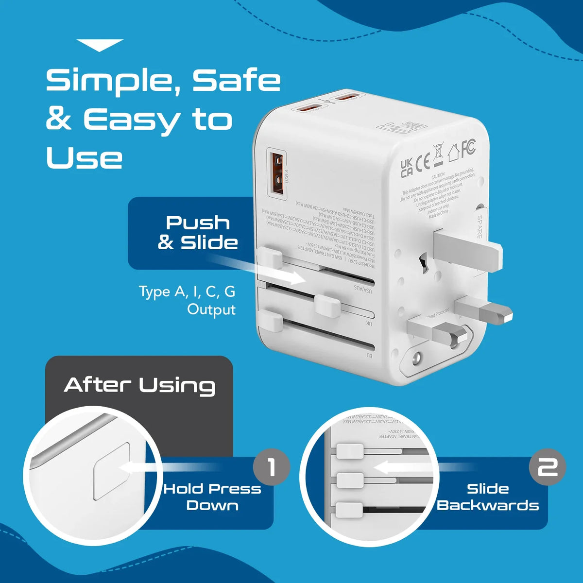 Universal travel adapter – 1 USB-A & 2 USB-C 65W GaN – 4 in 1 travel adapter – CE & RoHS certified - White - UP-12KU-W image 11