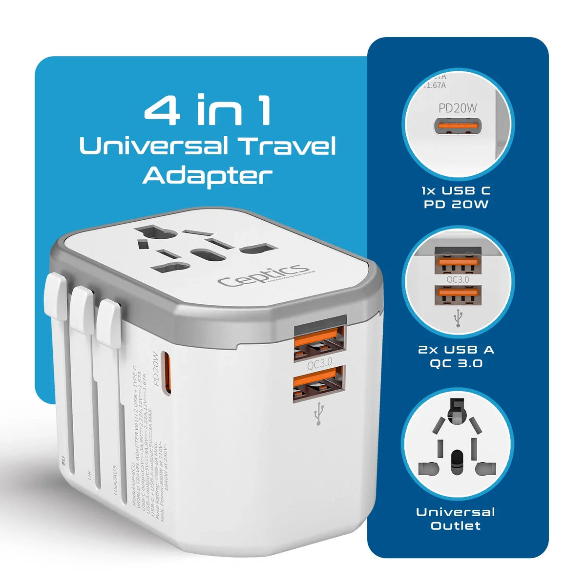 Universal travel adapter – 2 USB-A & 1 USB-C 20W – 4 in 1 travel adapter – CE & RoHS certified - White - UP-8CU-W image 1