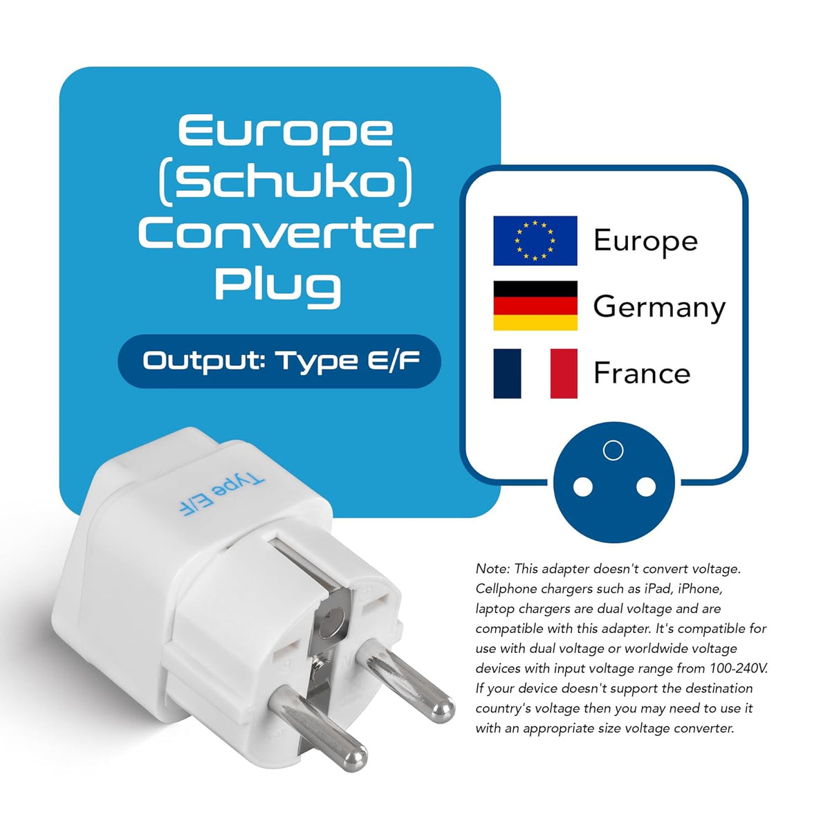 Europe travel adapter set – Type C & E/F – CE & RoHS certified - EU-2SET