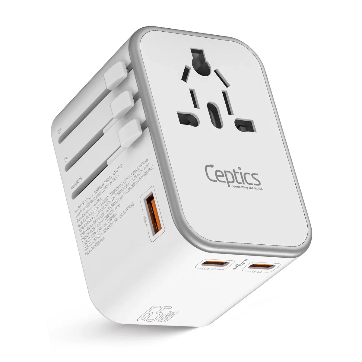 Universal travel adapter – 1 USB-A & 2 USB-C 65W GaN – 4 in 1 travel adapter – CE & RoHS certified - White - UP-12KU-W image 0