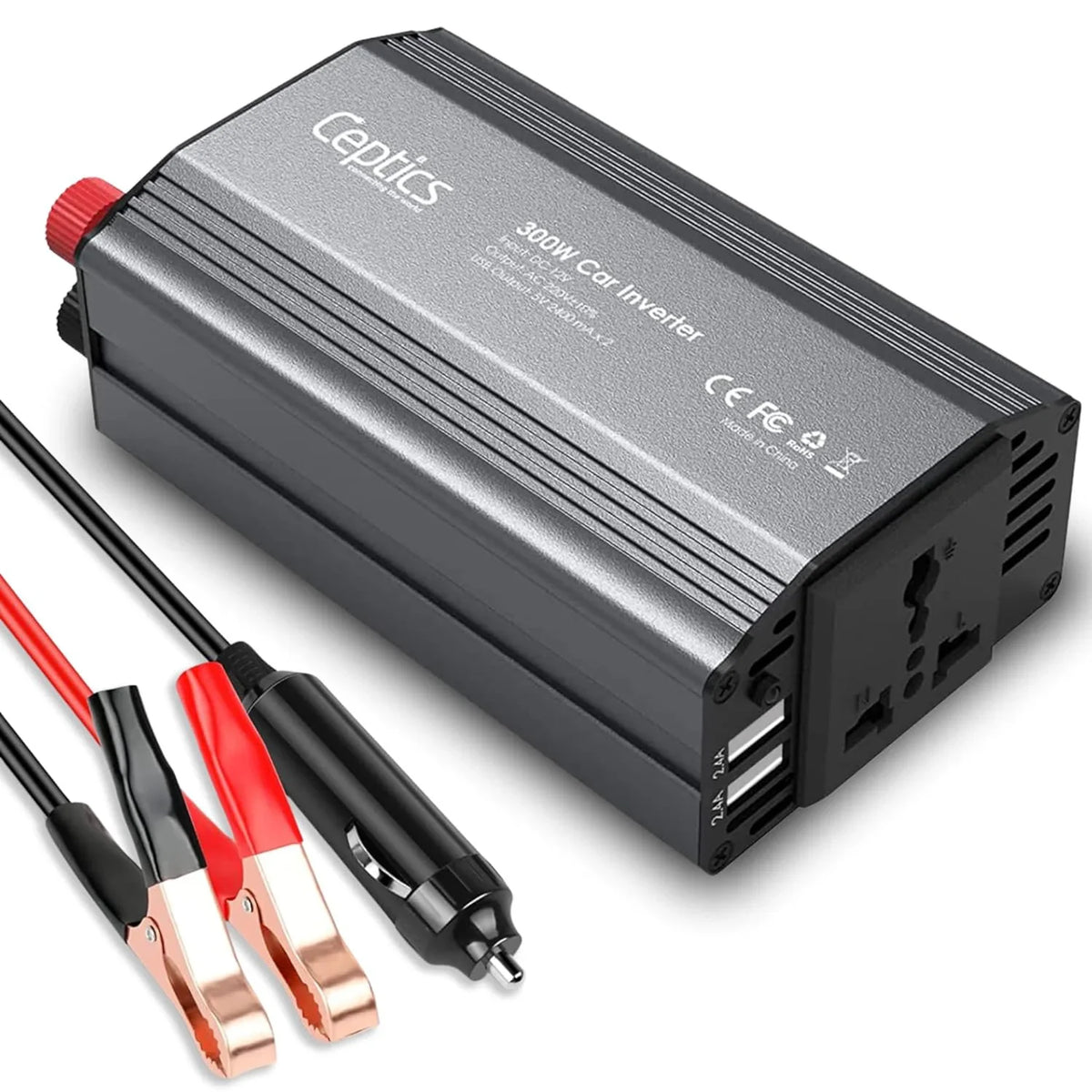 300W car inverter – 1 AC outlet & 2 USB-A – Cigarette lighter plug & Battery terminals – CE & FCC certified - PI-300W2U image 0