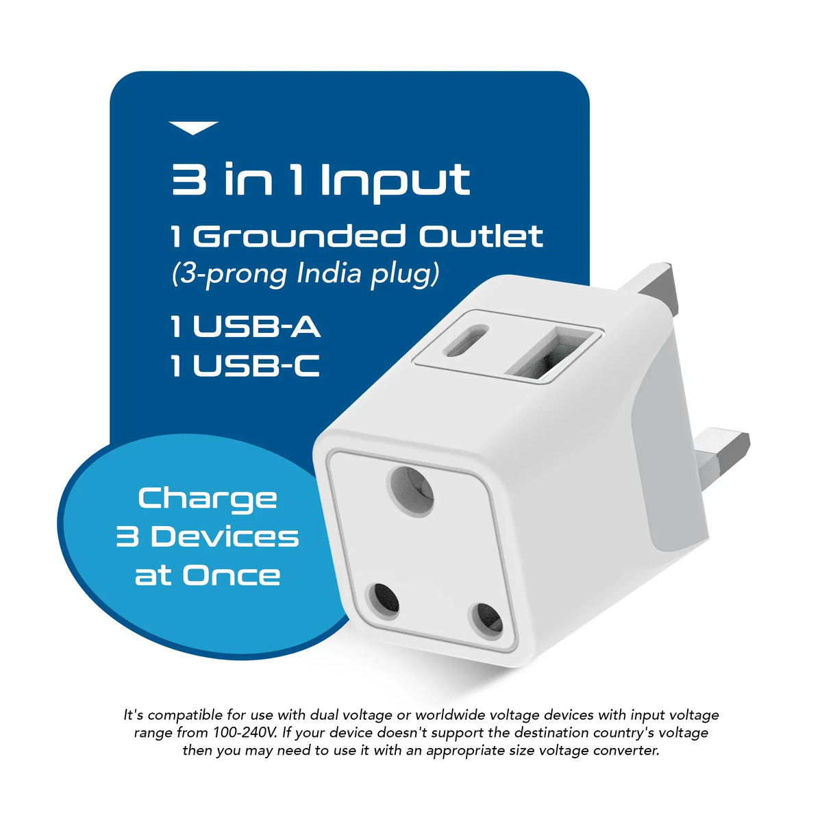 India to UK, UAE travel adapter – Type G – 1 USB-A & 1 USB-C – 3 in 1 Plug – CE & RoHS certified - CTUD-7 image 2