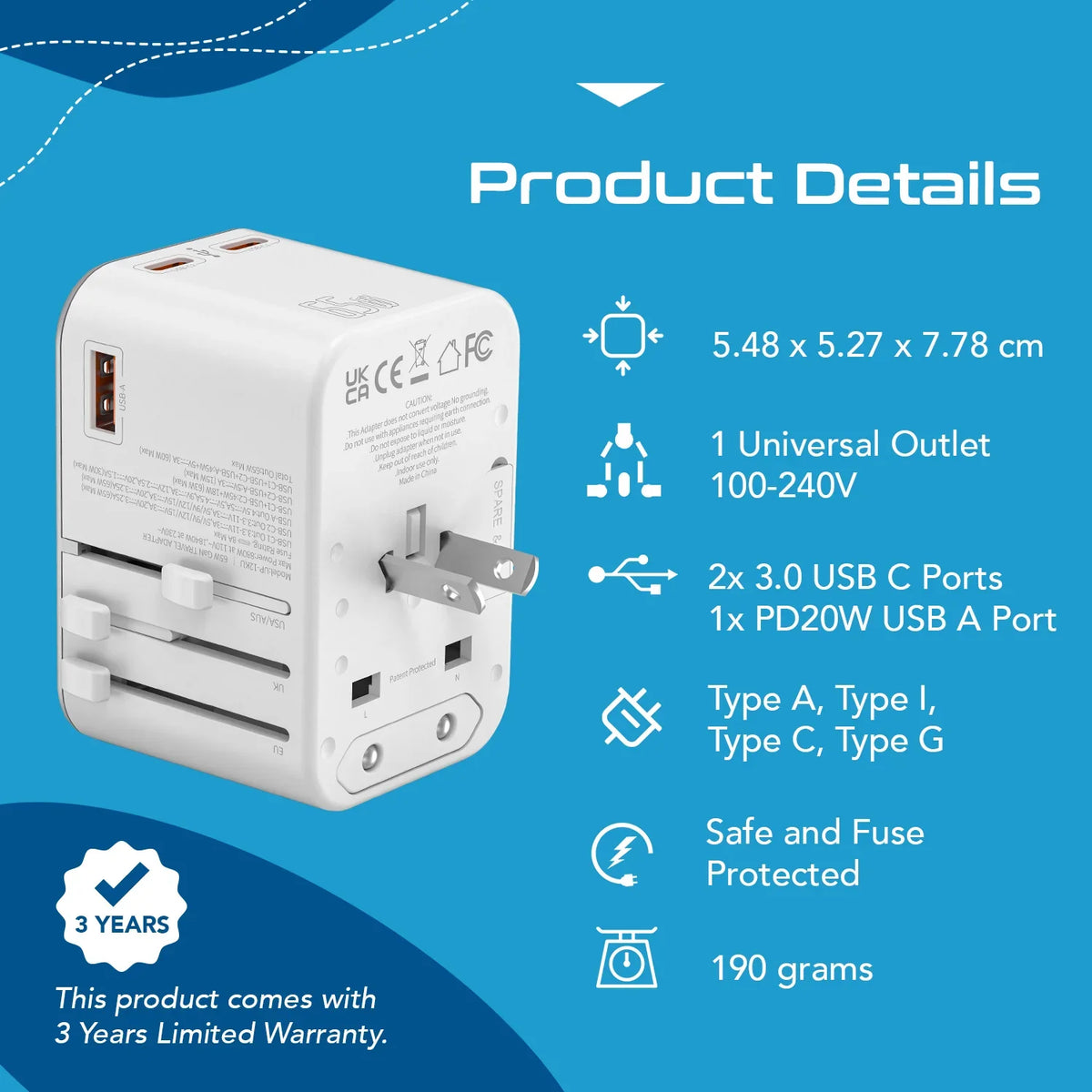 Universal travel adapter – 1 USB-A & 2 USB-C 65W GaN – 4 in 1 travel adapter – CE & RoHS certified - White - UP-12KU-W image 3