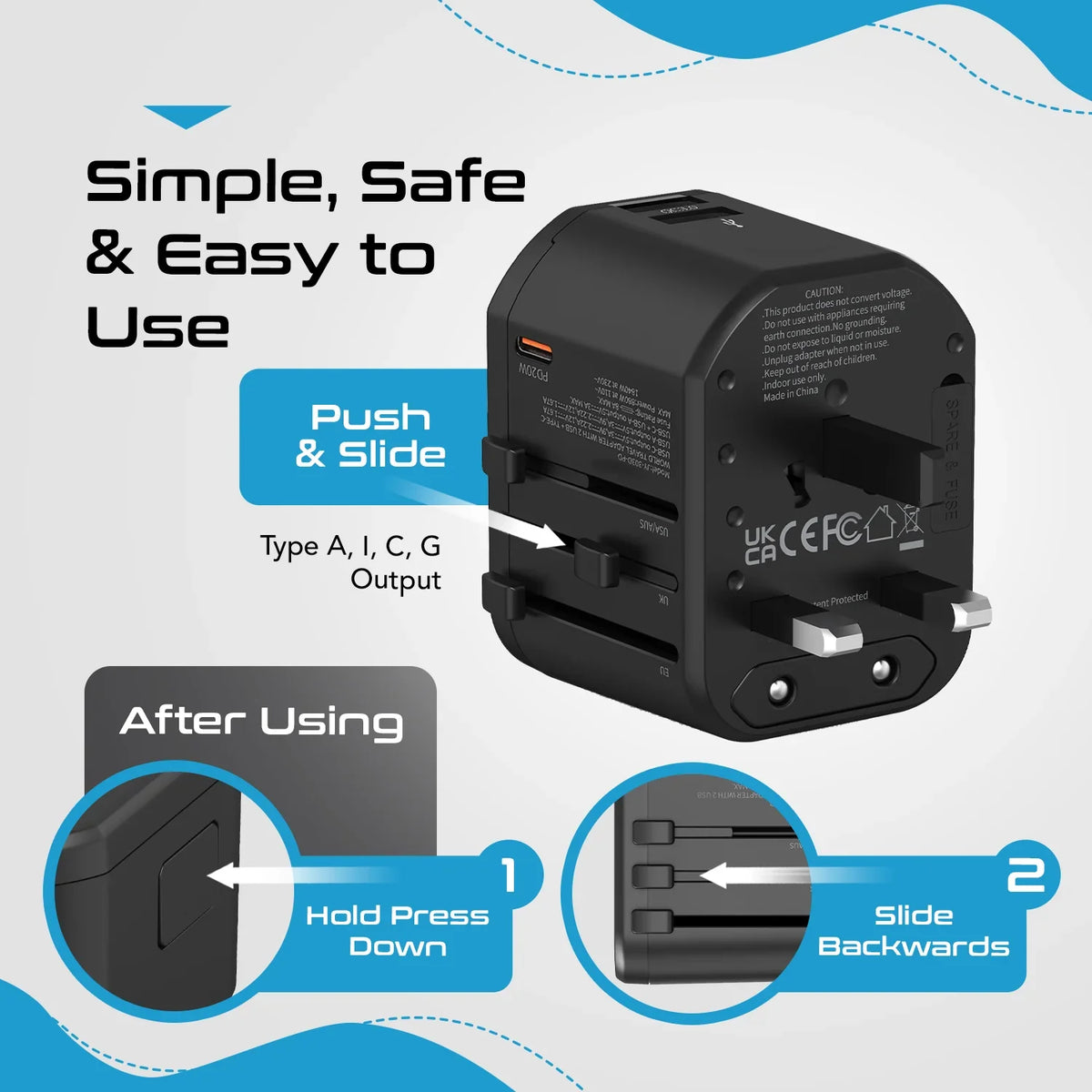 Universal travel adapter – 2 USB-A & 1 USB-C 20W – 4 in 1 travel adapter – CE & RoHS certified - UP-8CU image 5
