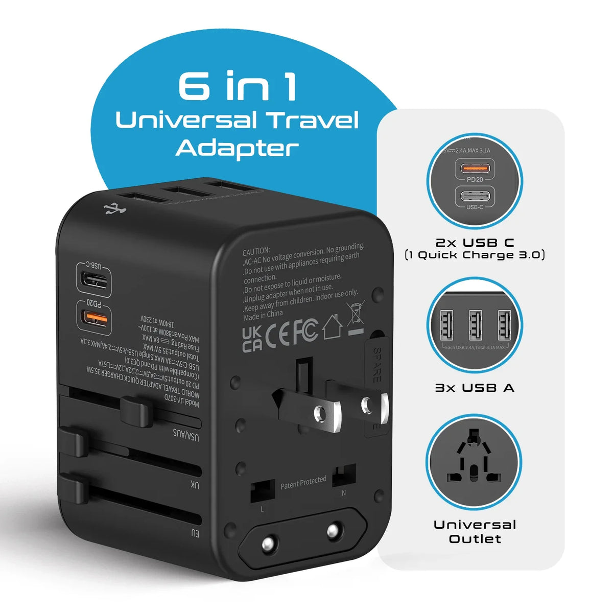 Universal travel adapter – 3 USB-A & 2 USB-C 35W – 6 in 1 travel adapter – CE & RoHS certified - UP-11KU image 1