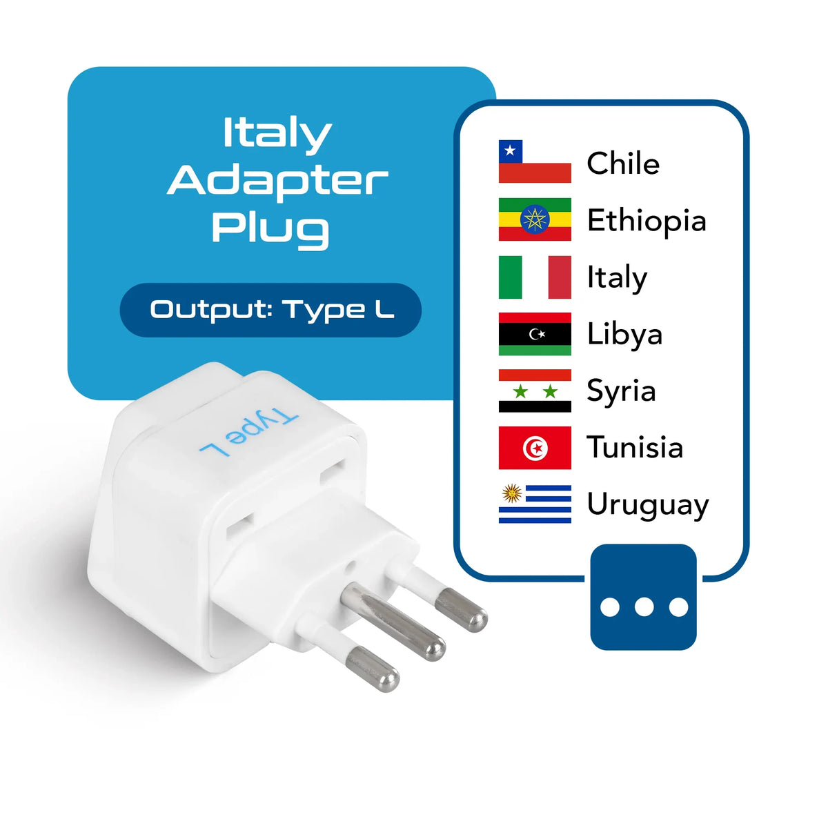 Italy travel adapter – Type L – CE & RoHS certified - GP-12A image 1