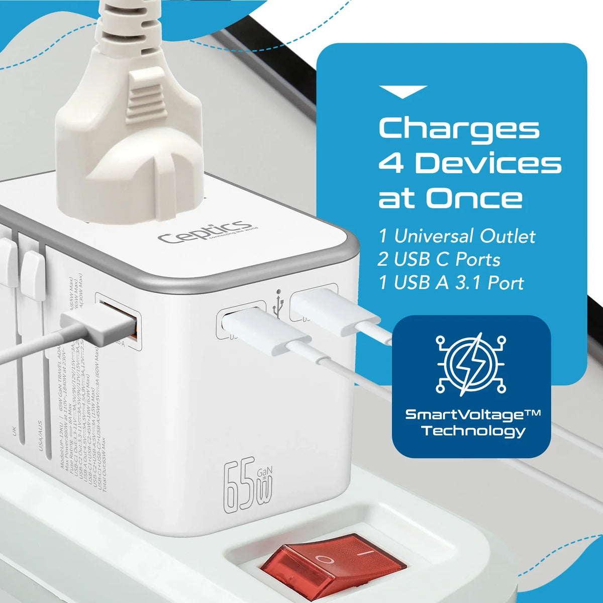 Universal travel adapter – 1 USB-A & 2 USB-C 65W GaN – 4 in 1 travel adapter – CE & RoHS certified - White - UP-12KU-W image 8
