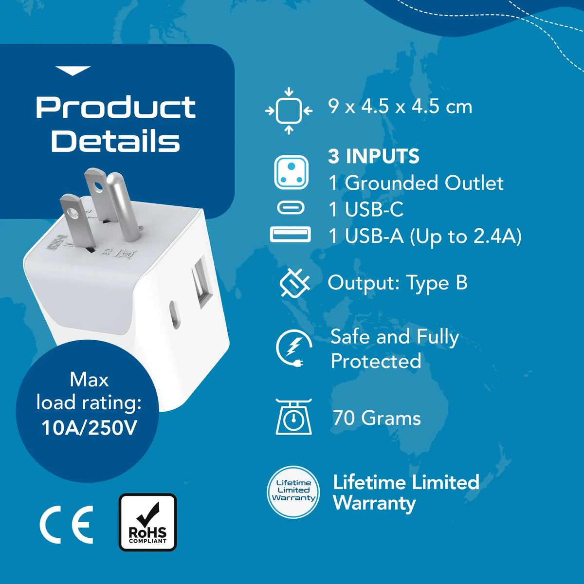 India to USA travel adapter – Type B – 1 USB-A & 1 USB-C – 3 in 1 Plug – CE & RoHS certified - CTUD-5 image 5