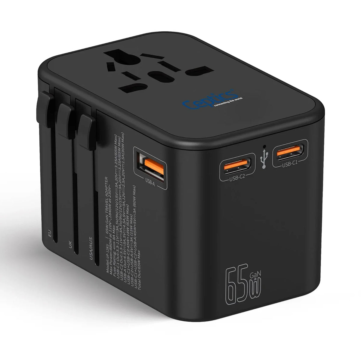 Universal travel adapter – 1 USB-A & 2 USB-C 65W GaN – 4 in 1 travel adapter – CE & RoHS certified - UP-12KU image 0