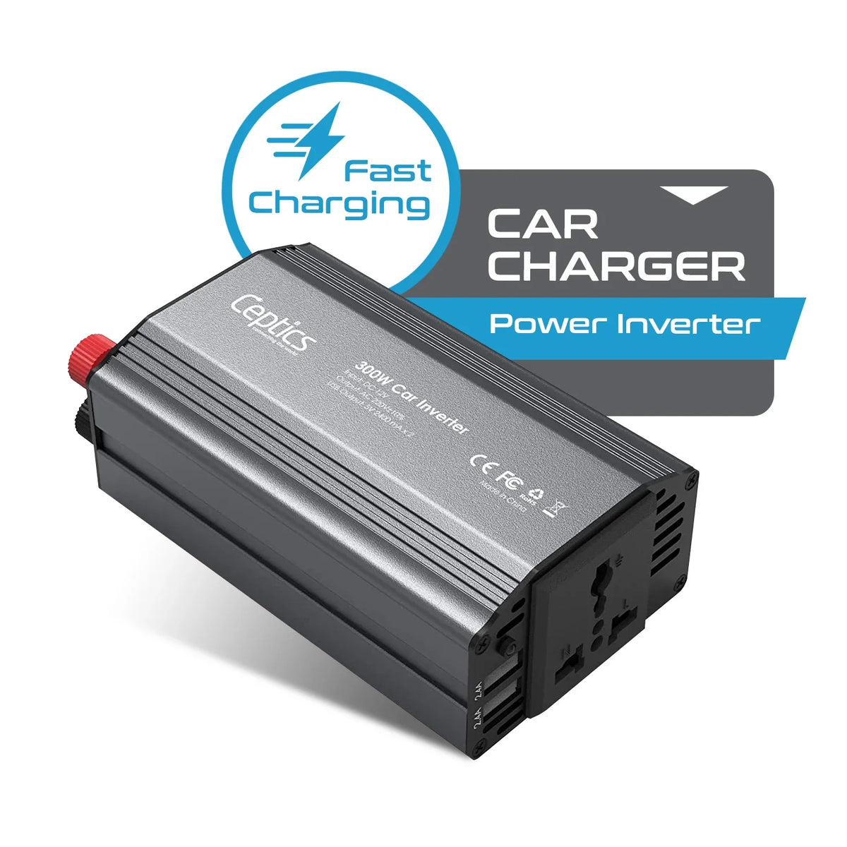 300W car inverter – 1 AC outlet & 2 USB-A – Cigarette lighter plug & Battery terminals – CE & FCC certified - PI-300W2U image 1