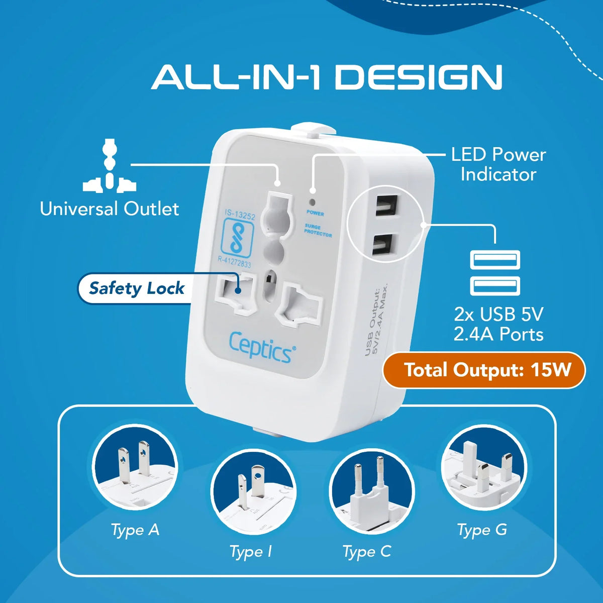 Universal travel adapter with 2 USB-A – 3 in 1 travel adapter – CE & FCC certified - UP-7KU image 5