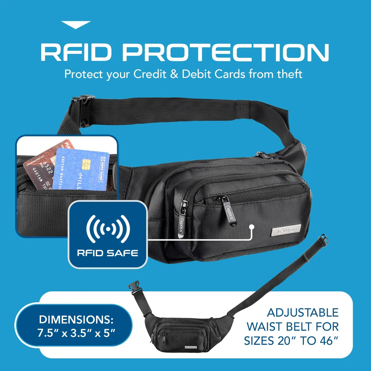 Waist bag for travel - 4 different size pockets - Water resistant and RFID safe - Black - WB-4B image 3